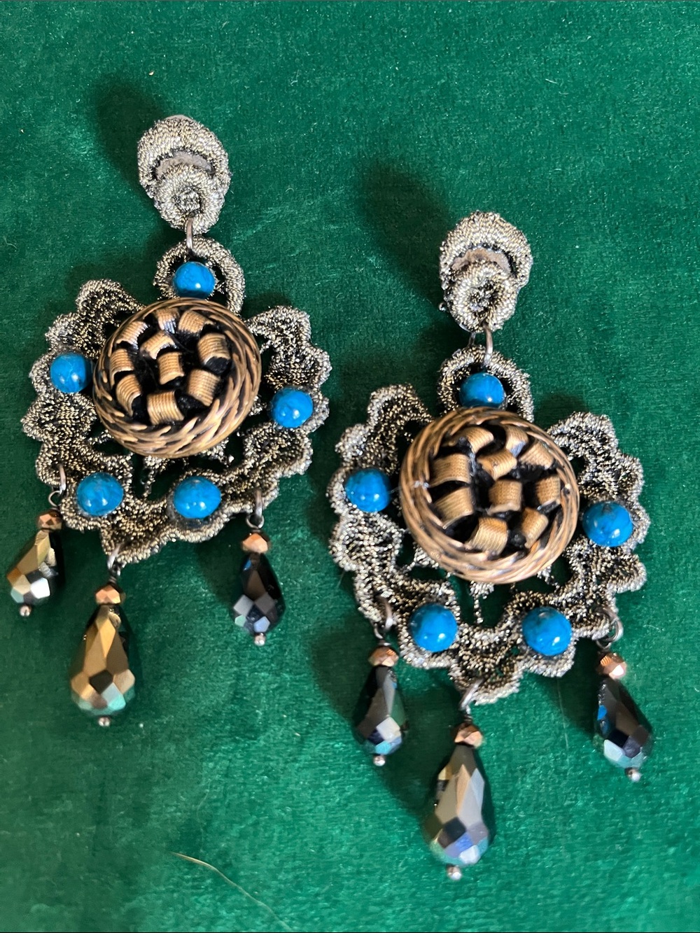 Vintage Couture Katrina Turquoise and Black Woven Statement Drop Earrings